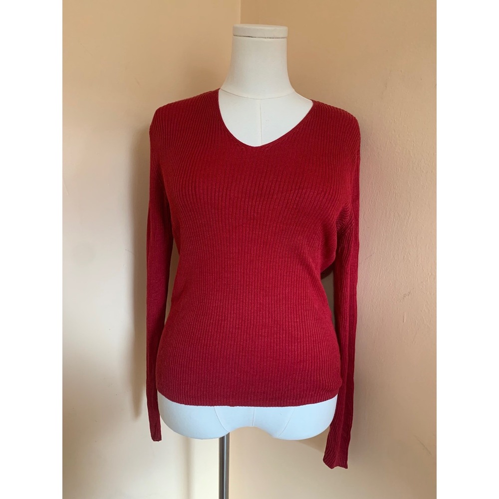 August Silk Knits Red Ribbed 100% Silk V-Neck Long Sleeve Sweater Large
